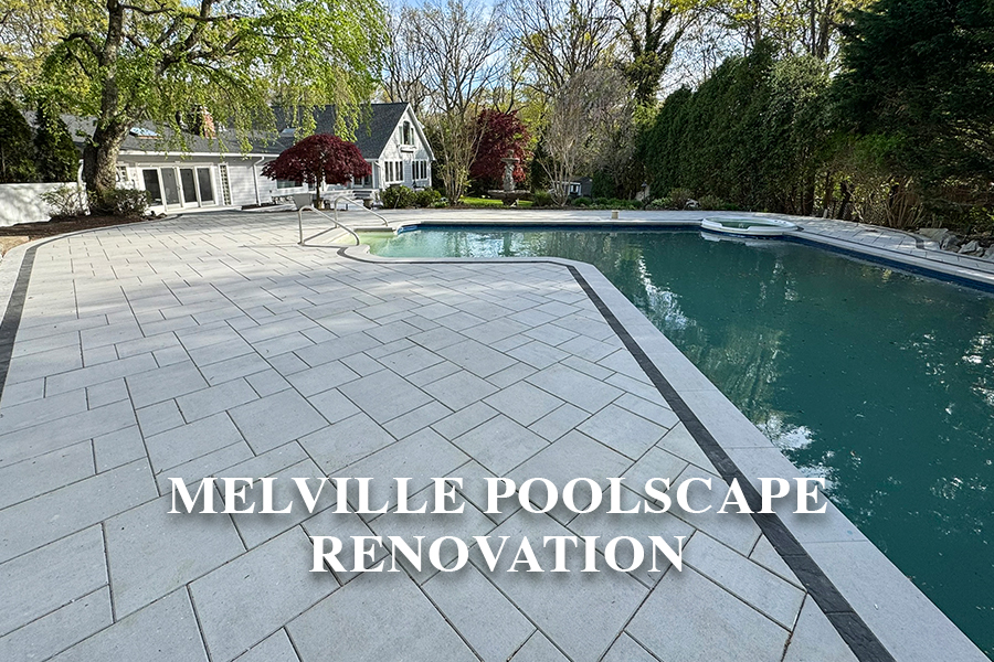 Inground pool deck and poolscape renovation in Melville NY with large-format paver surround — Flawless Masonry Suffolk County patio contractor
