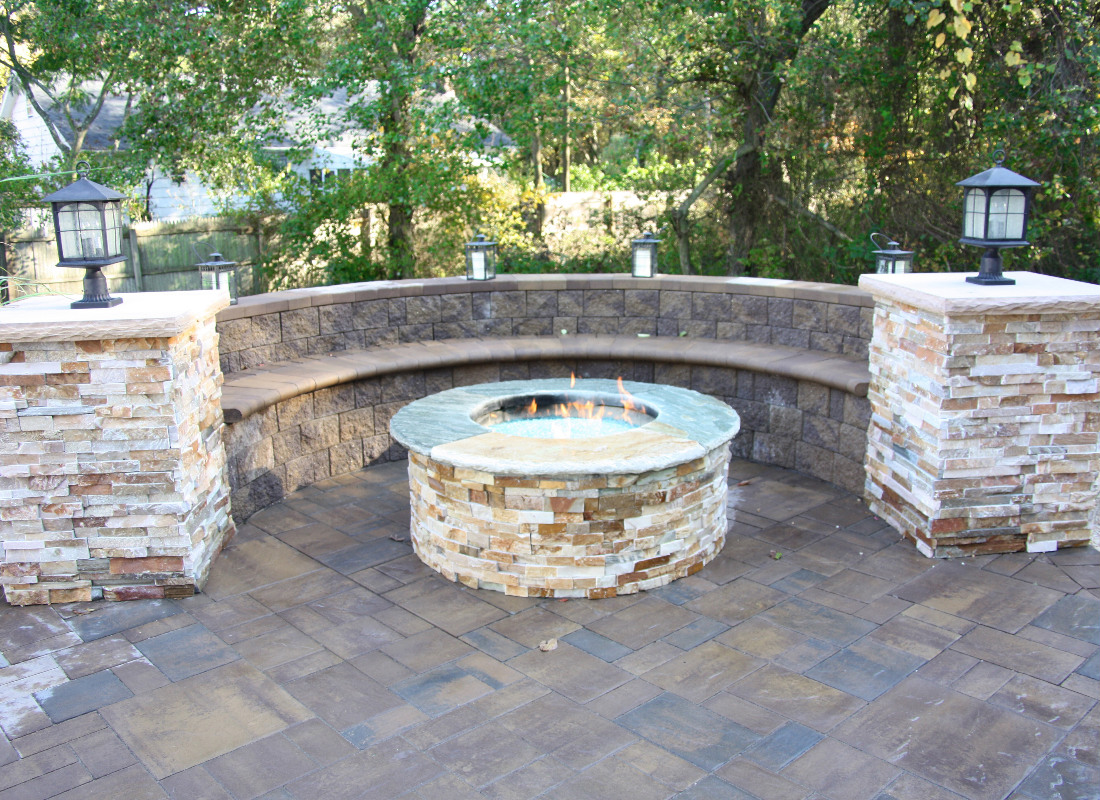 Rough masonry stone used for seating area and fire pit