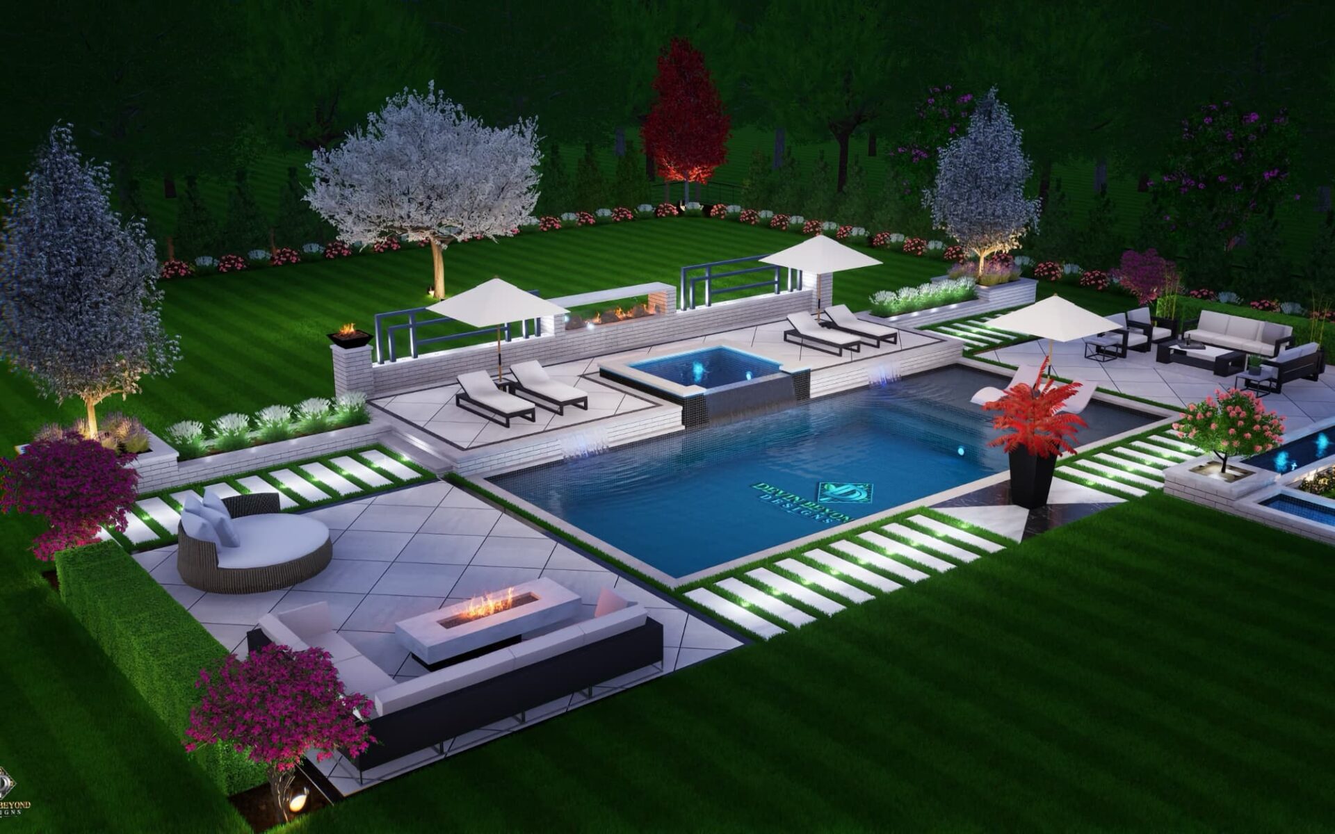 3D rendering of a pool in the evening surrounded by illuminated red and white trees.