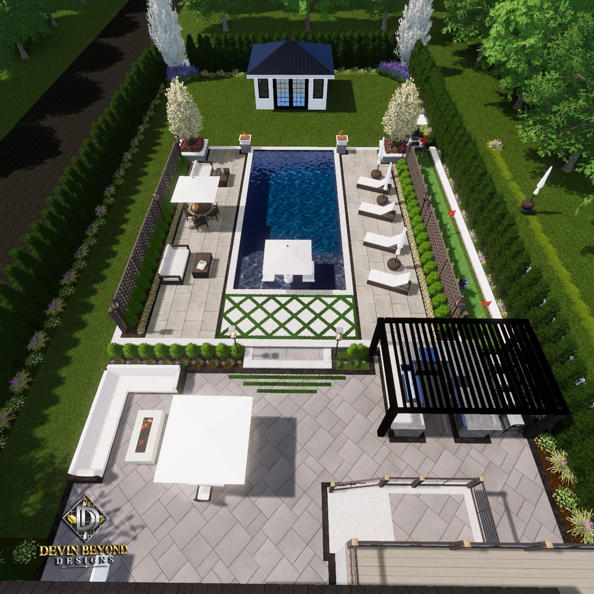 Aerial view of a landscaped backyard featuring a rectangular pool, seating areas, a pergola, and a small pavilion. Green hedges and trees surround the space.