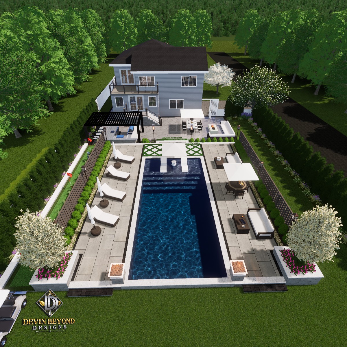 Backyard view of a modern house featuring a rectangular pool, loungers, a pergola, and landscaped greenery.
