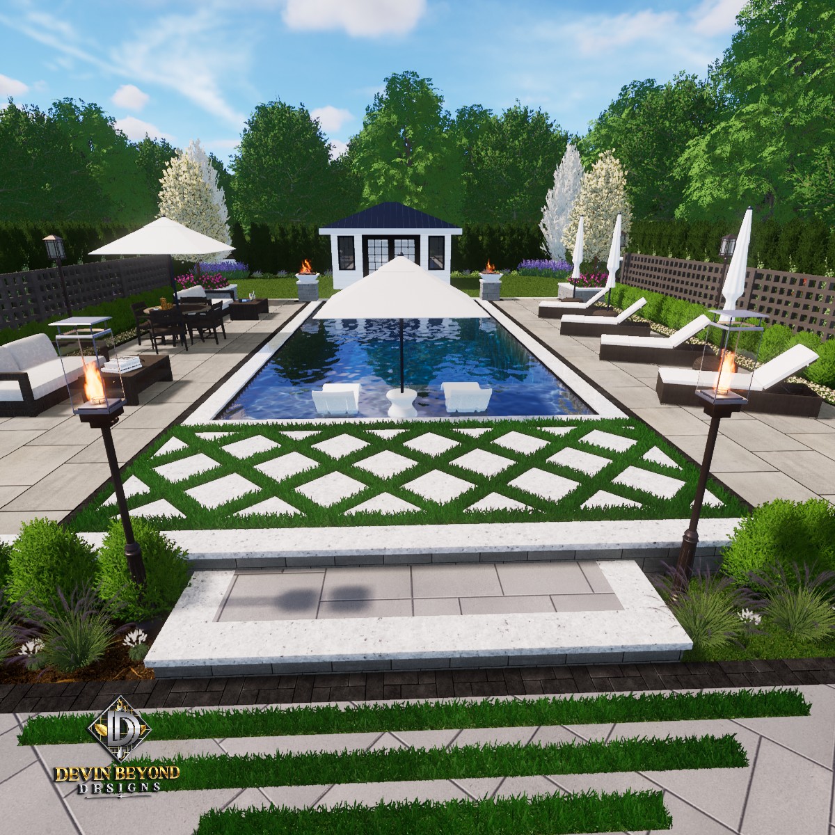 A luxurious outdoor pool area with sun loungers, umbrellas, and modern landscaping, surrounded by trees and greenery. A small building is at the far end of the pool.