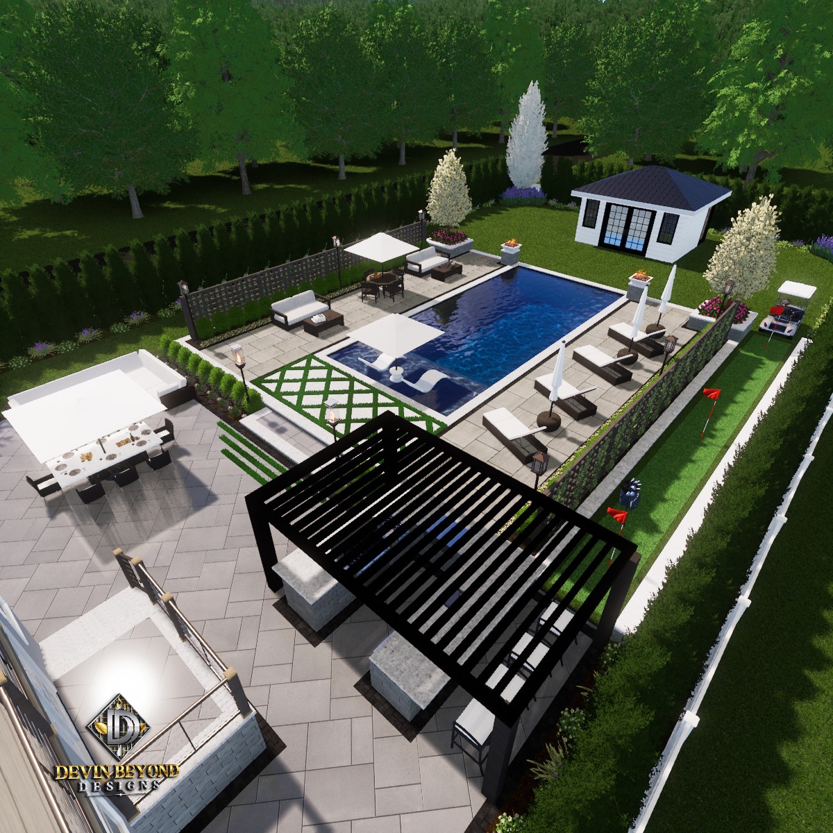 Aerial view of a landscaped backyard with a pool, pergola, seating areas, and a small building, surrounded by trees.