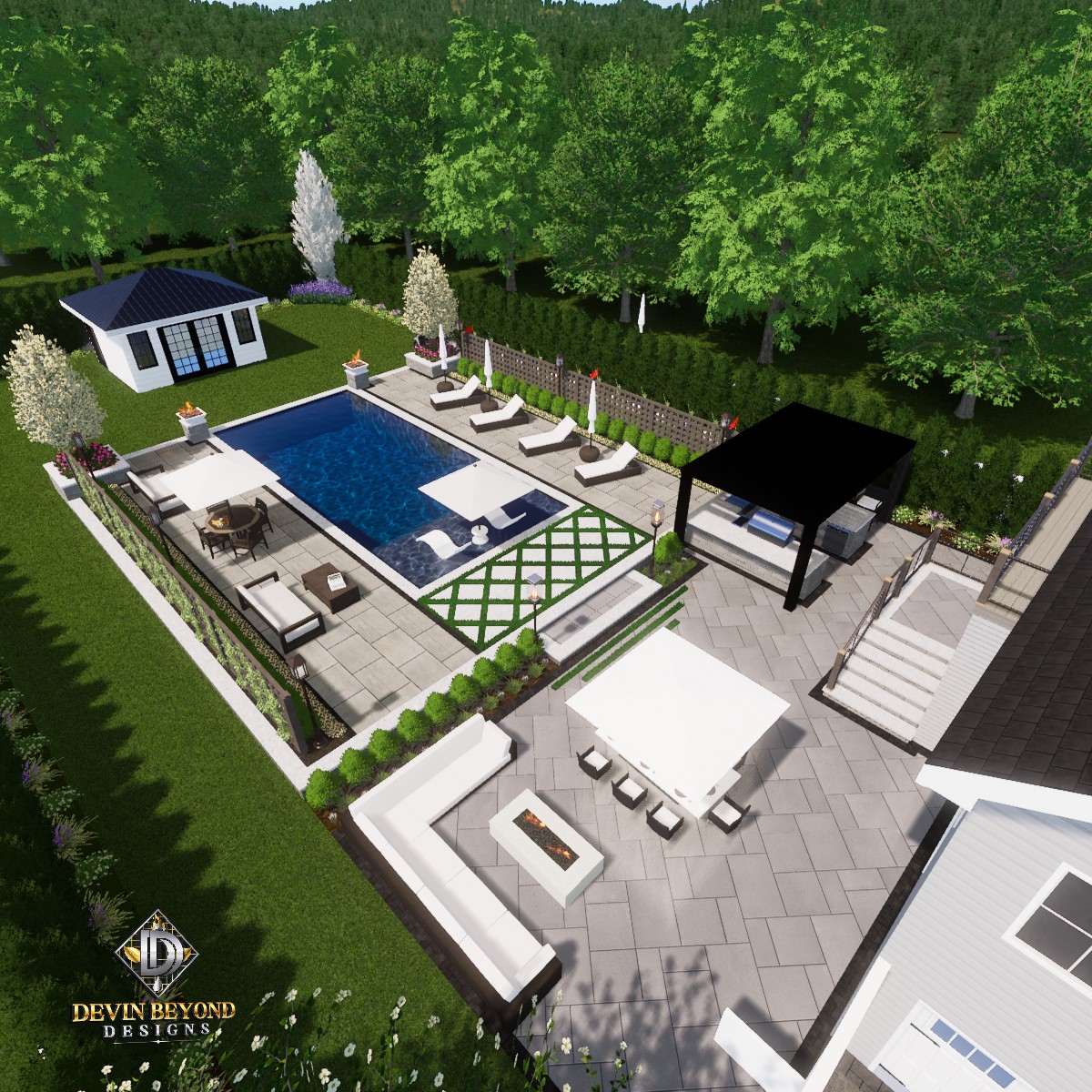 Aerial view of a modern backyard with a pool, lounge chairs, pergola, patio area, small garden beds, and a pool house, surrounded by greenery and trees.