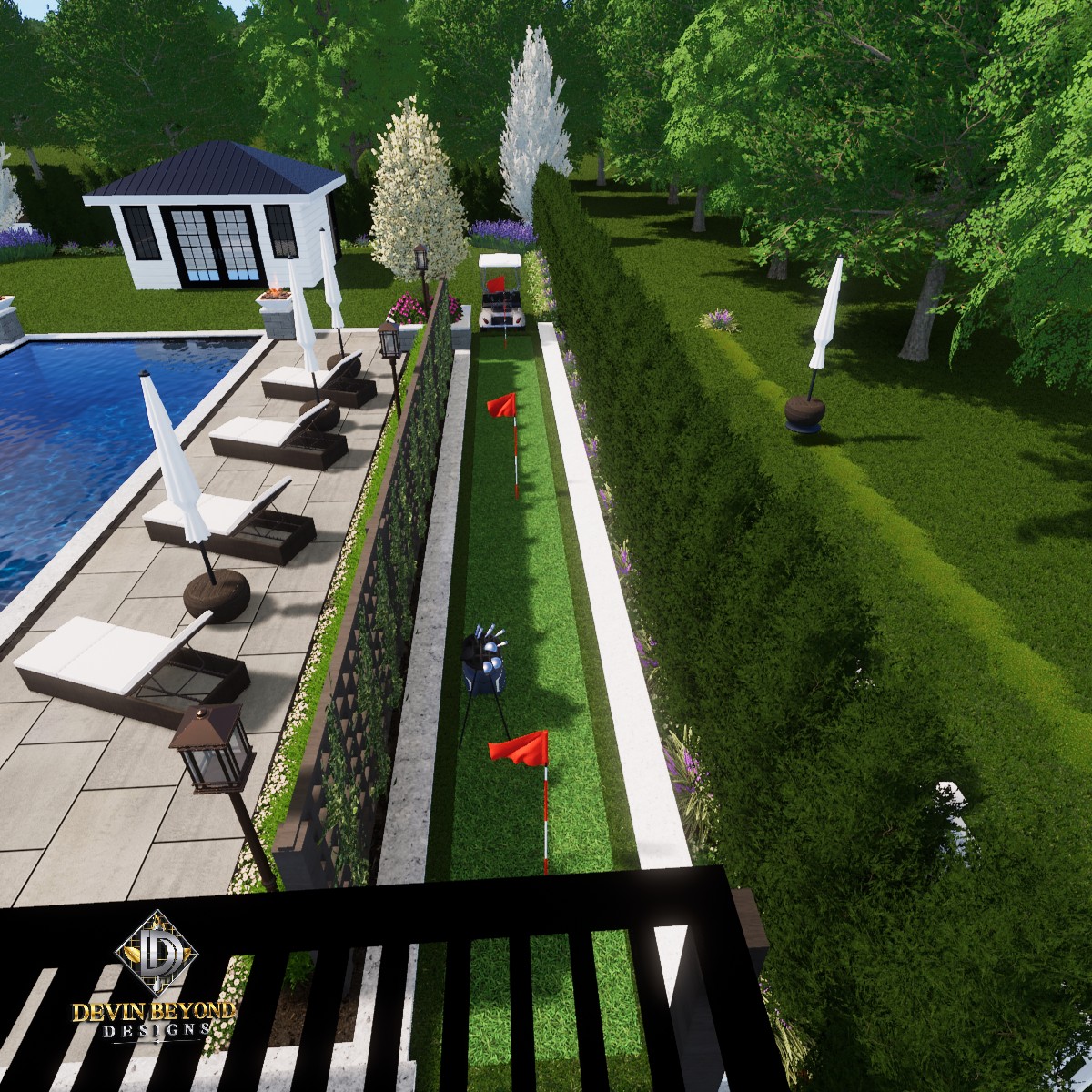 A landscaped backyard features a swimming pool, lounge chairs, a putting green with flags, hedges, and a gazebo surrounded by trees and plants.