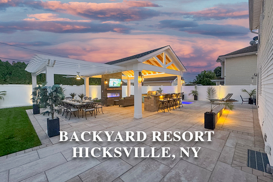 Covered outdoor patio with dining and bar areas, modern lighting, and a pool at sunset; text reads "Backyard Resort Hicksville, NY.